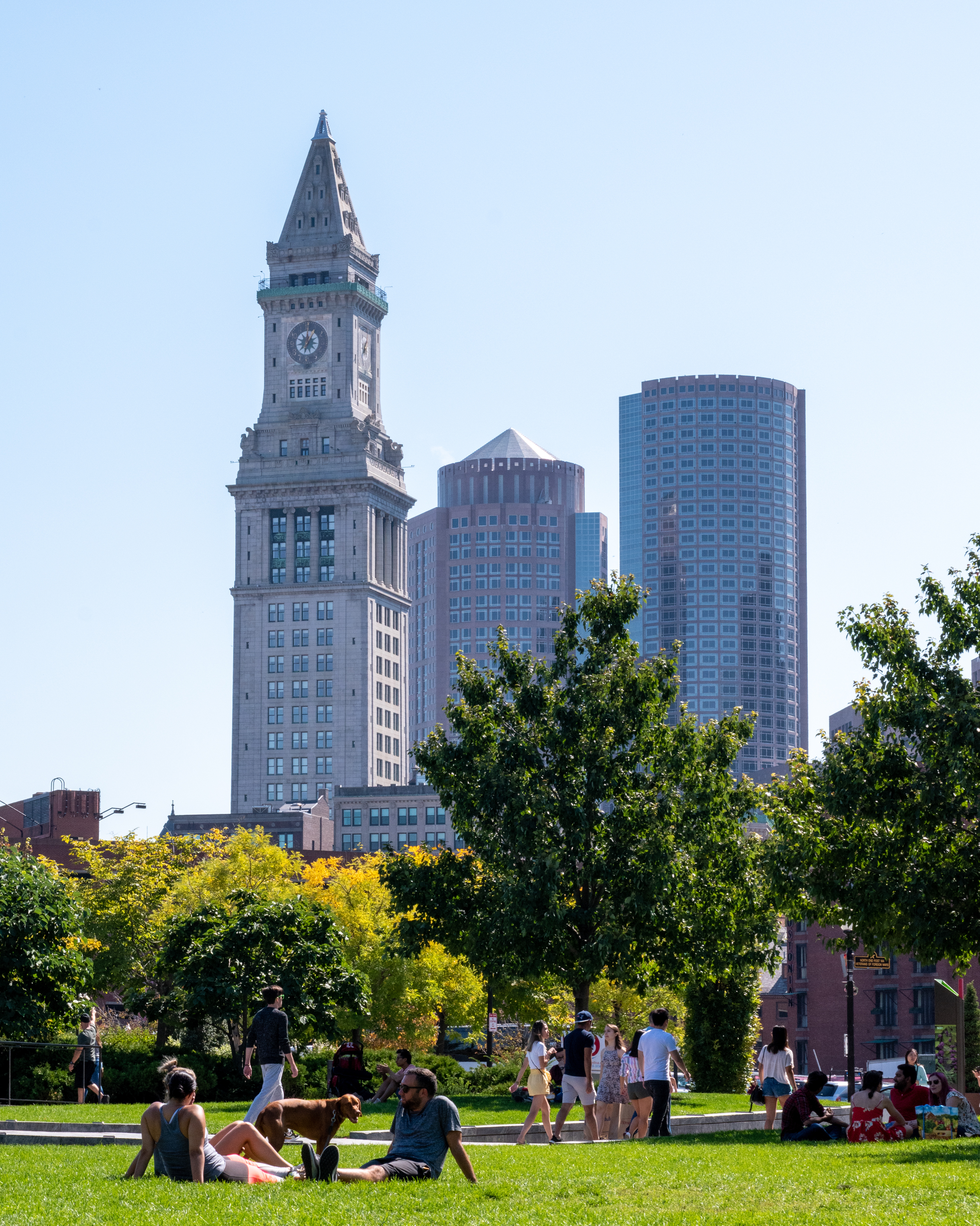 Picnickers Enjoy Rose Kennedy Greenway under Boston MA Skyline - Boston Picnic Guide